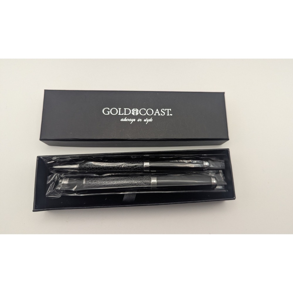 Set of 2 Gold Coast Pens Black Silver Textured Grip New in Box Office Supplies